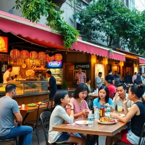 Diverse dining options in Orlando with families enjoying their meals.