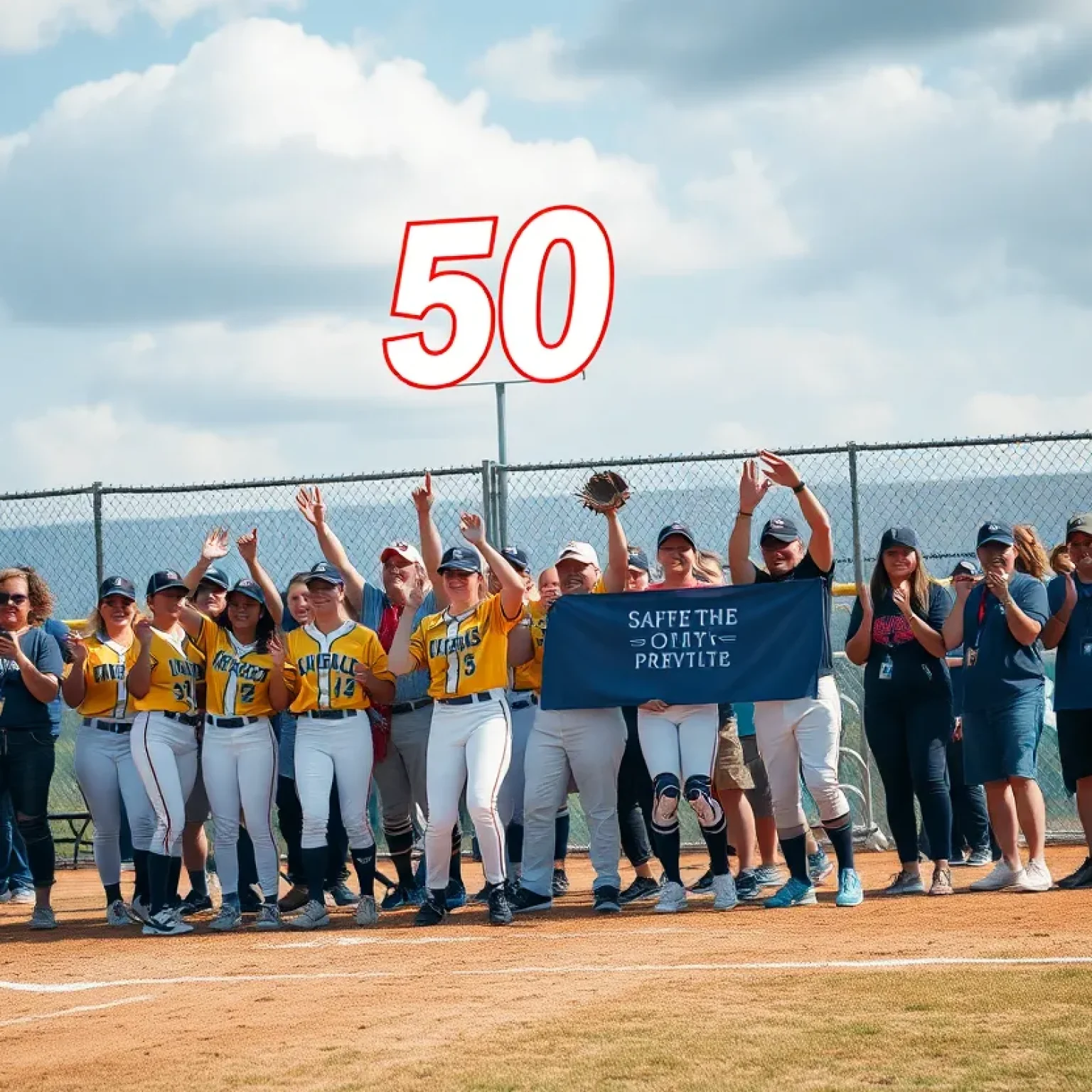 A celebration scene of Oklahoma State Softball's 50th anniversary with fans and the team on a vibrant field.
