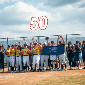 A celebration scene of Oklahoma State Softball's 50th anniversary with fans and the team on a vibrant field.