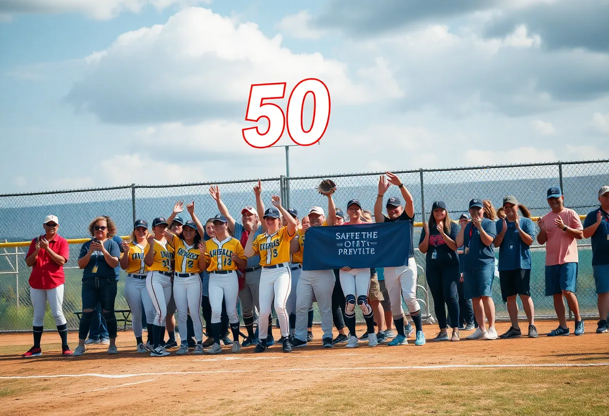 A celebration scene of Oklahoma State Softball's 50th anniversary with fans and the team on a vibrant field.