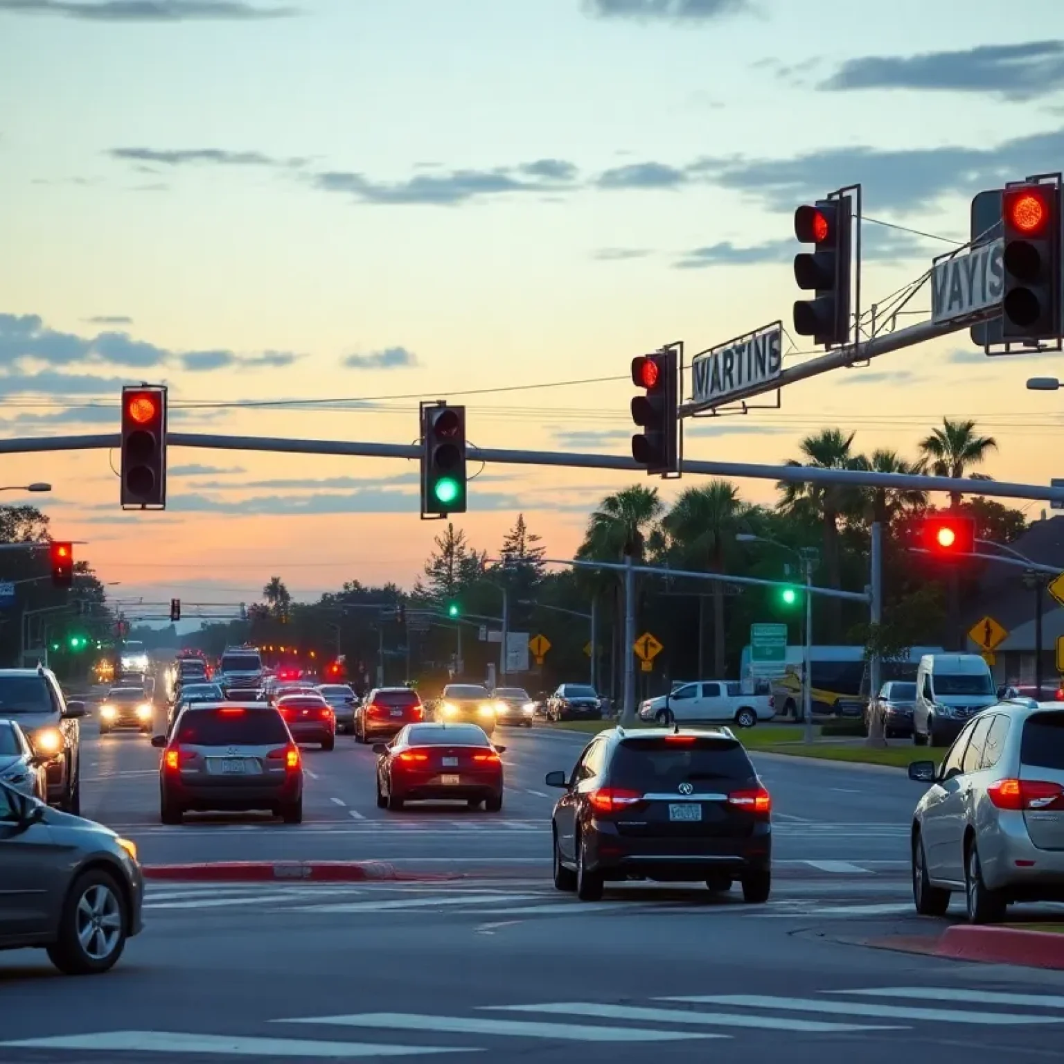 Traffic at an intersection in Orange County, Florida during sunset.