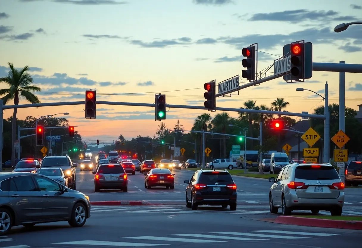 Traffic at an intersection in Orange County, Florida during sunset.