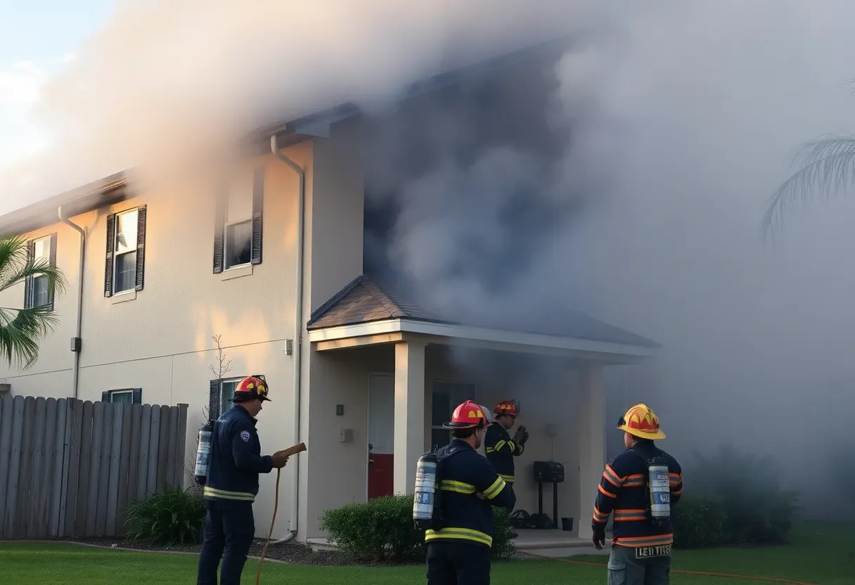 Firefighters responding to an apartment fire in Orlando, rescuing animals and ensuring safety.