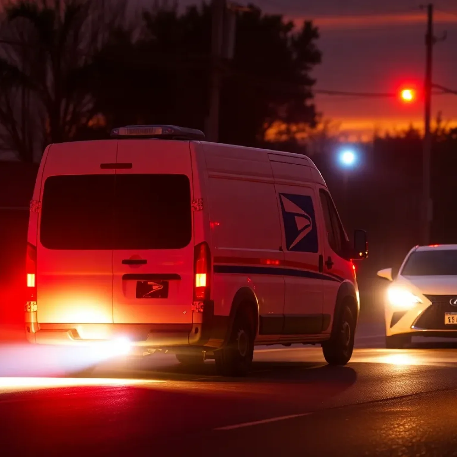 Police lights illuminating a postal worker's van and a blurry Lexus in the background