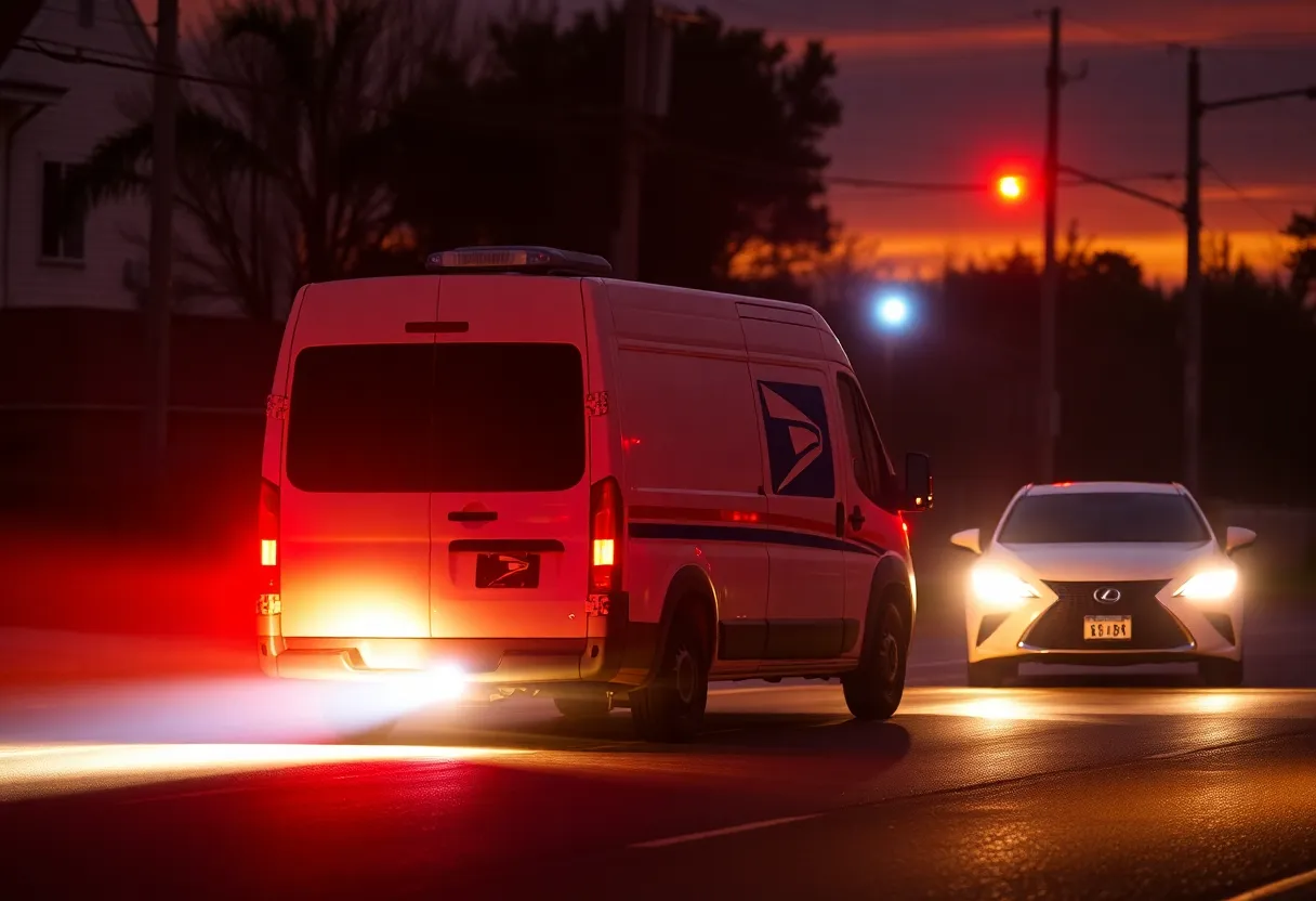 Police lights illuminating a postal worker's van and a blurry Lexus in the background