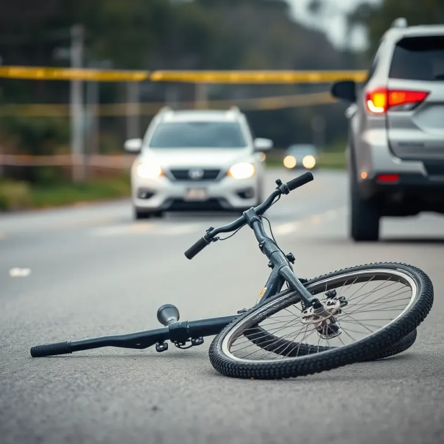 Accident scene with a bicycle and an SUV