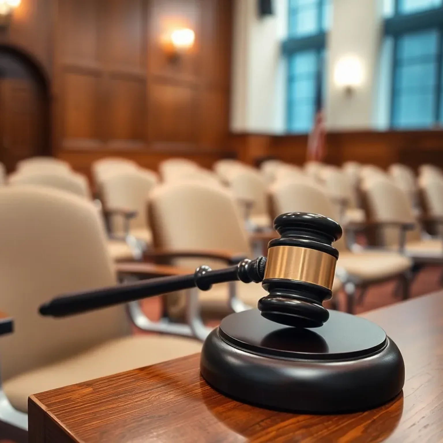 Empty courtroom with gavel representing legal proceedings