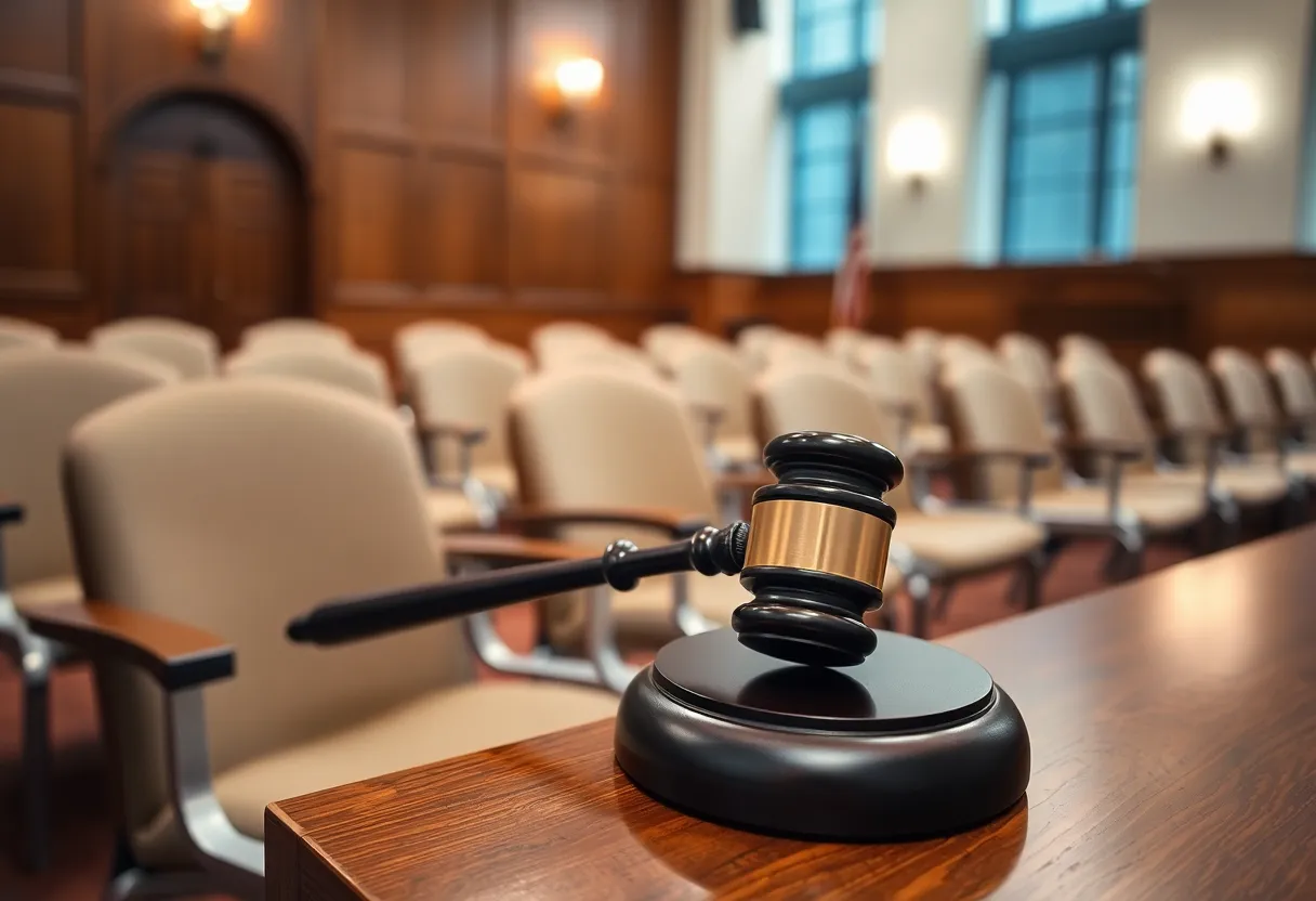 Empty courtroom with gavel representing legal proceedings