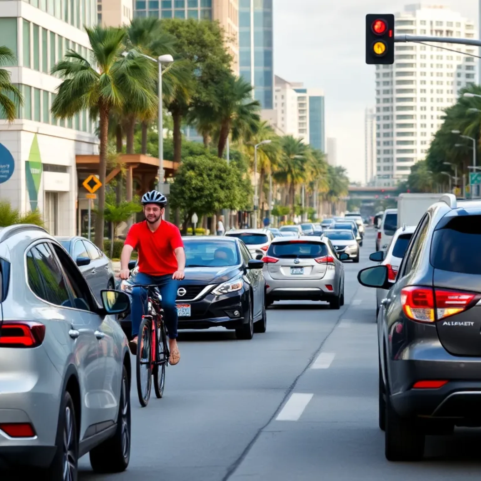 Street view in Orlando with cyclists and cars, showcasing road safety.