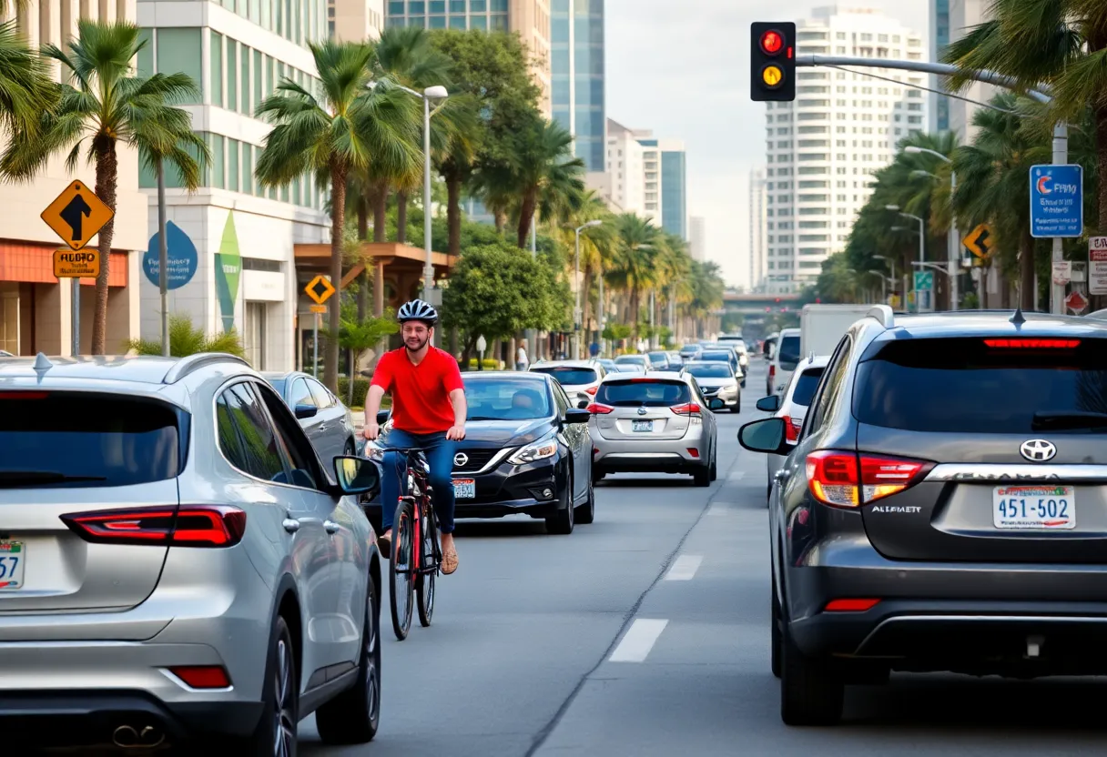 Street view in Orlando with cyclists and cars, showcasing road safety.