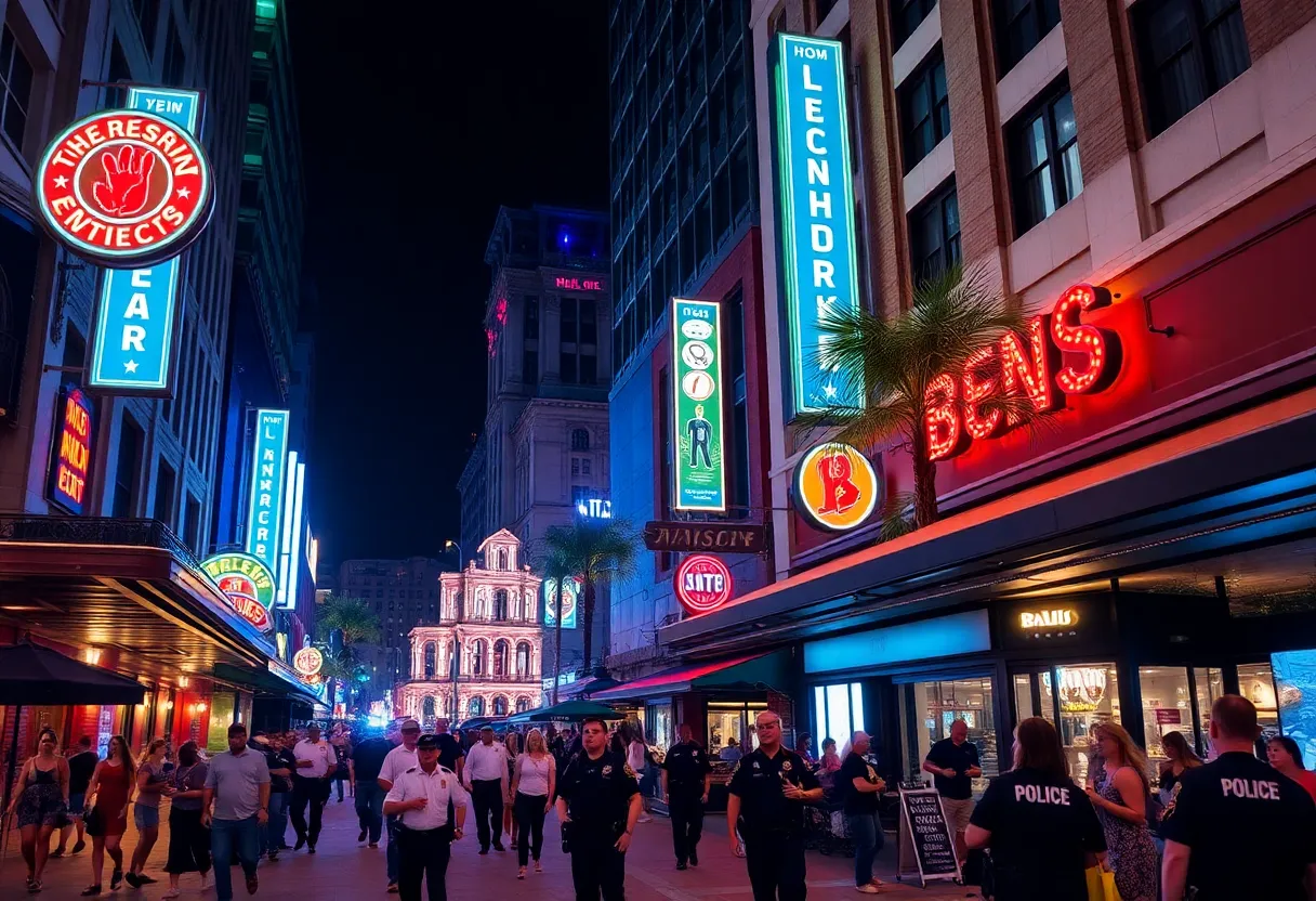 Orlando downtown nightlife scene with police presence