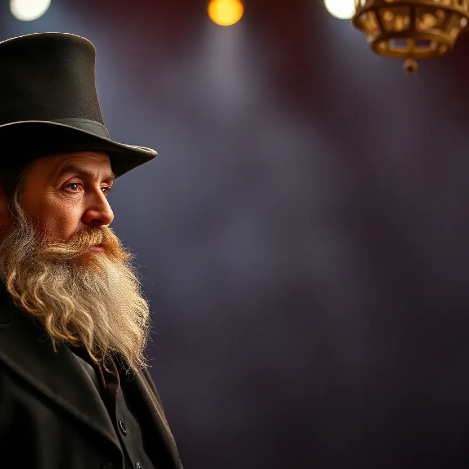 A theatrical performance depicting Abraham Lincoln with a stovepipe hat and beard