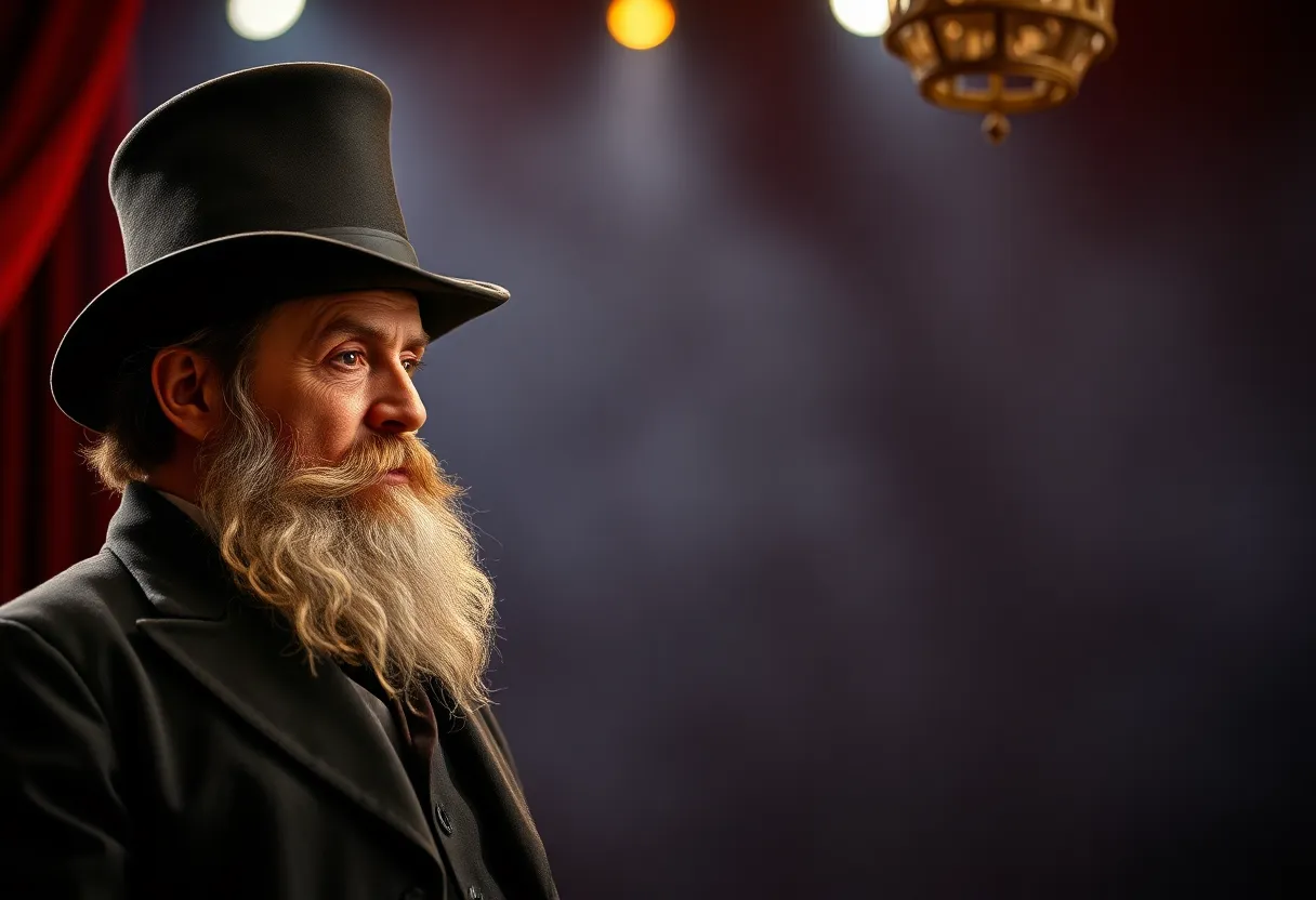 A theatrical performance depicting Abraham Lincoln with a stovepipe hat and beard
