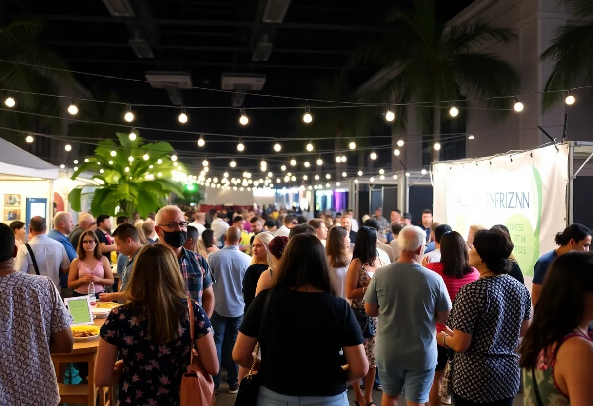 Guests enjoying food and music at the 4Roots Farm fundraising event in Orlando