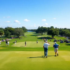 A view of golfers participating in the Orlando Golf Classic under clear skies.