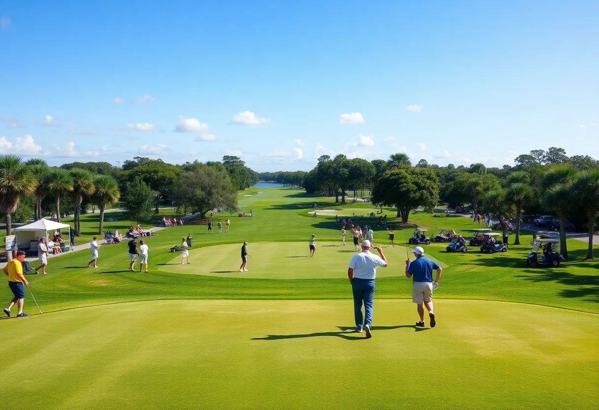 A view of golfers participating in the Orlando Golf Classic under clear skies.