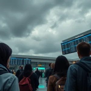 Passengers at Orlando International Airport during thunderstorms