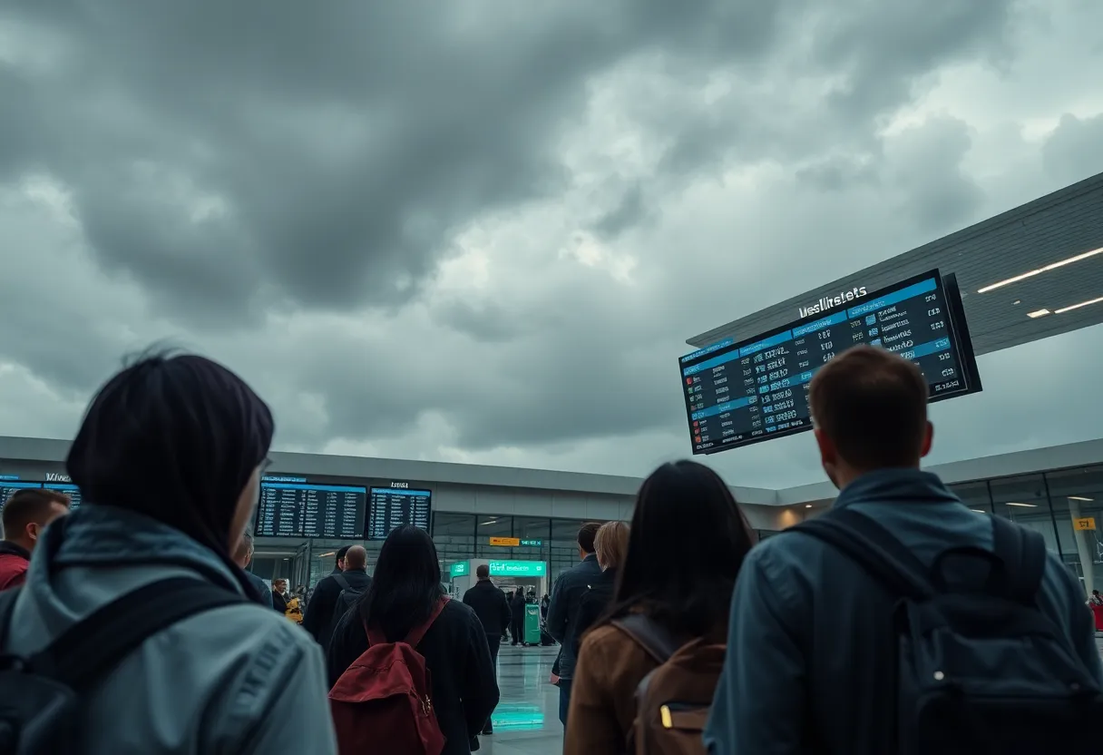 Passengers at Orlando International Airport during thunderstorms