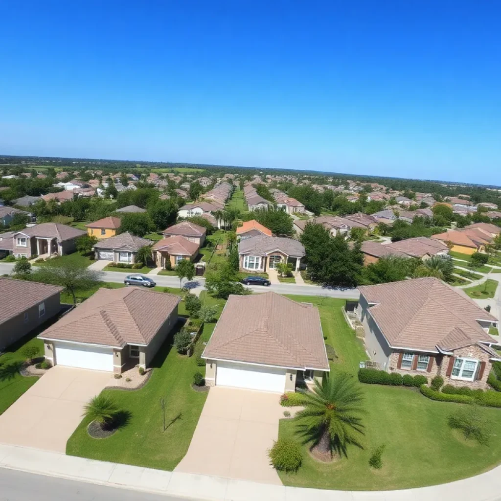 Aerial view of a suburban neighborhood in Orlando with homes and palm trees.