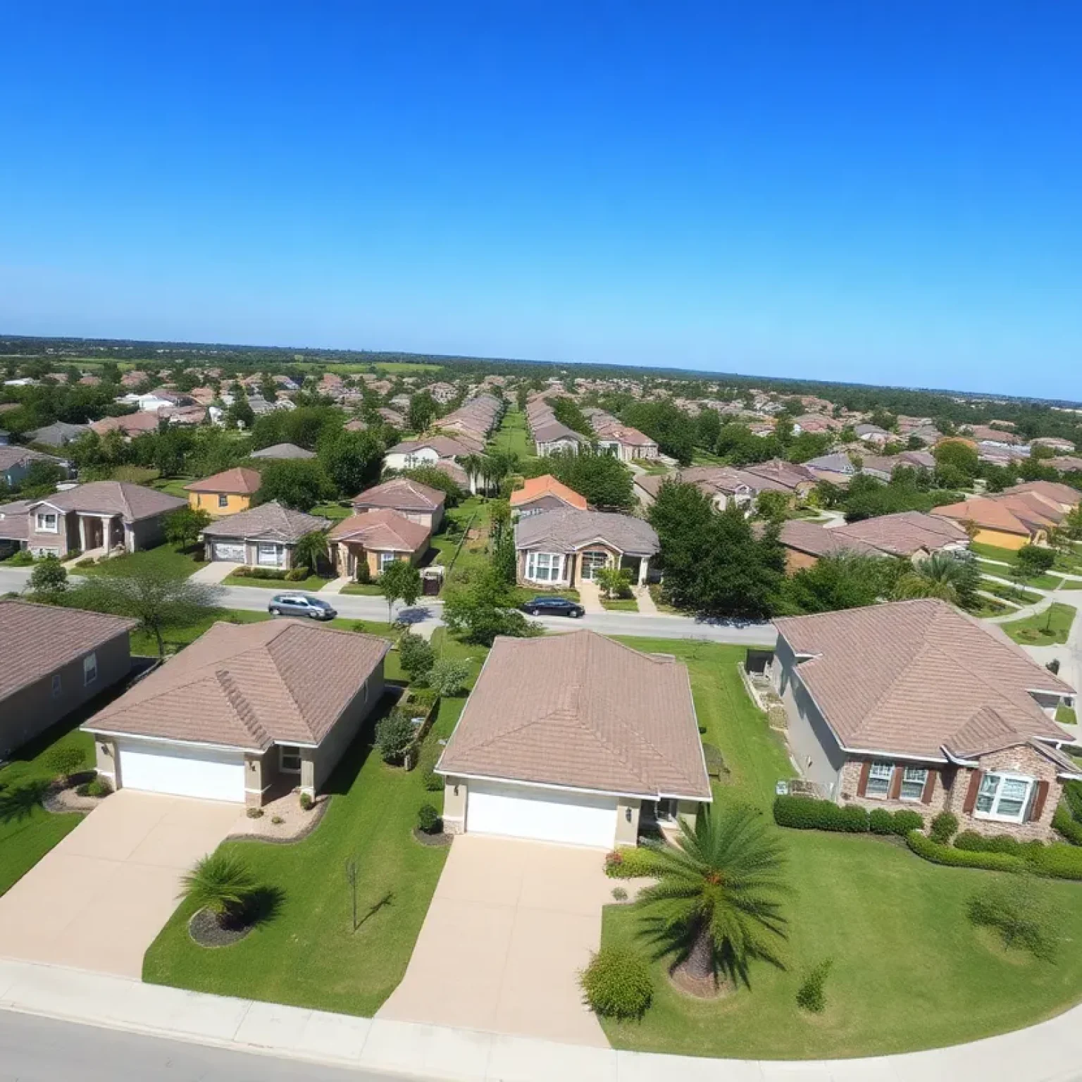 Aerial view of a suburban neighborhood in Orlando with homes and palm trees.