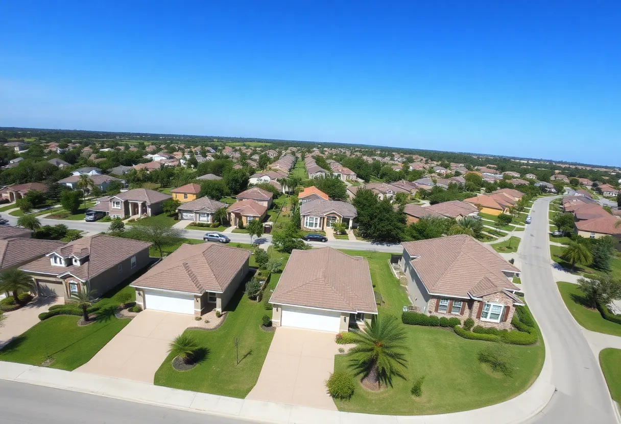 Aerial view of a suburban neighborhood in Orlando with homes and palm trees.