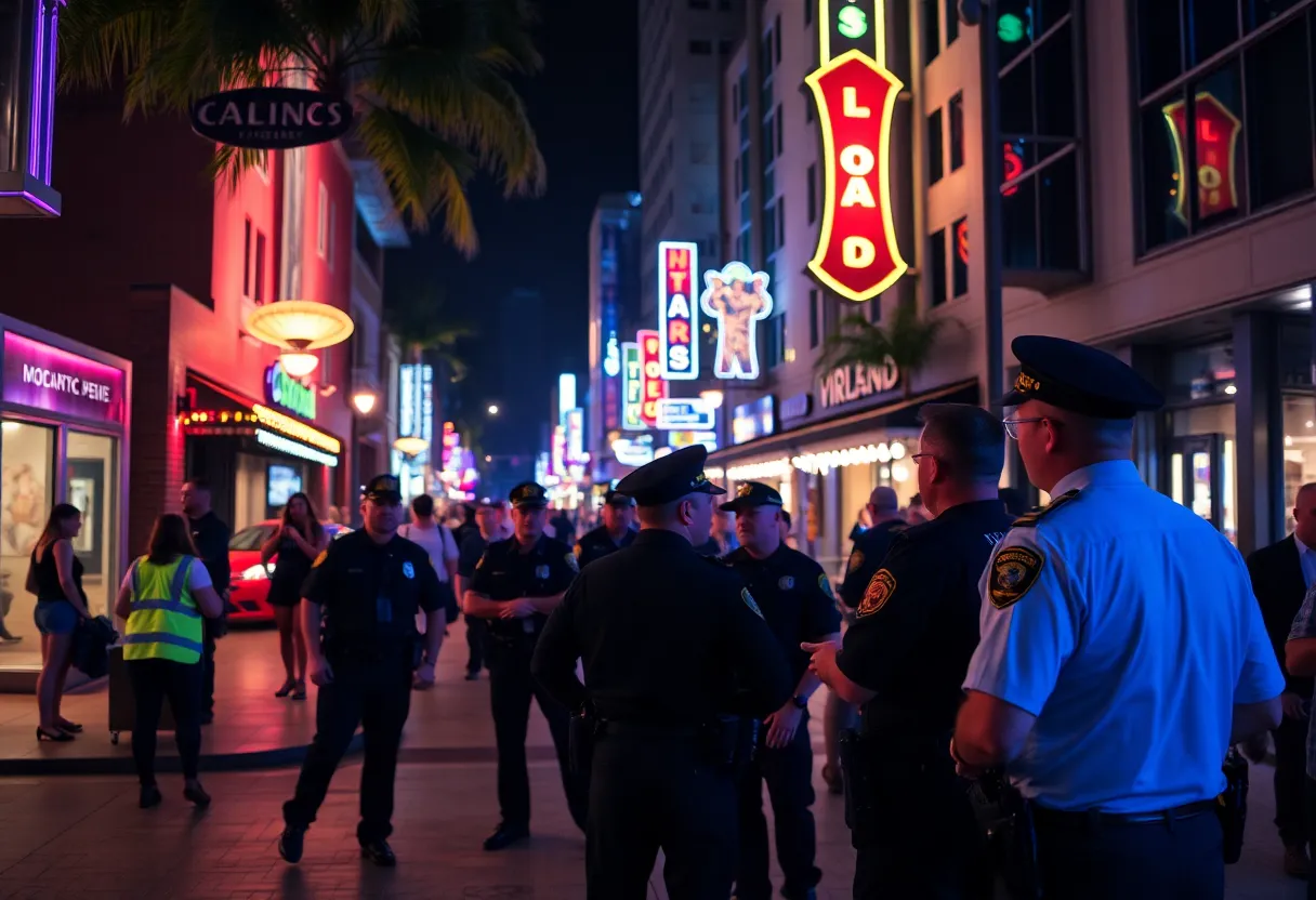 Downtown Orlando nightlife with visible police presence and safety discussions