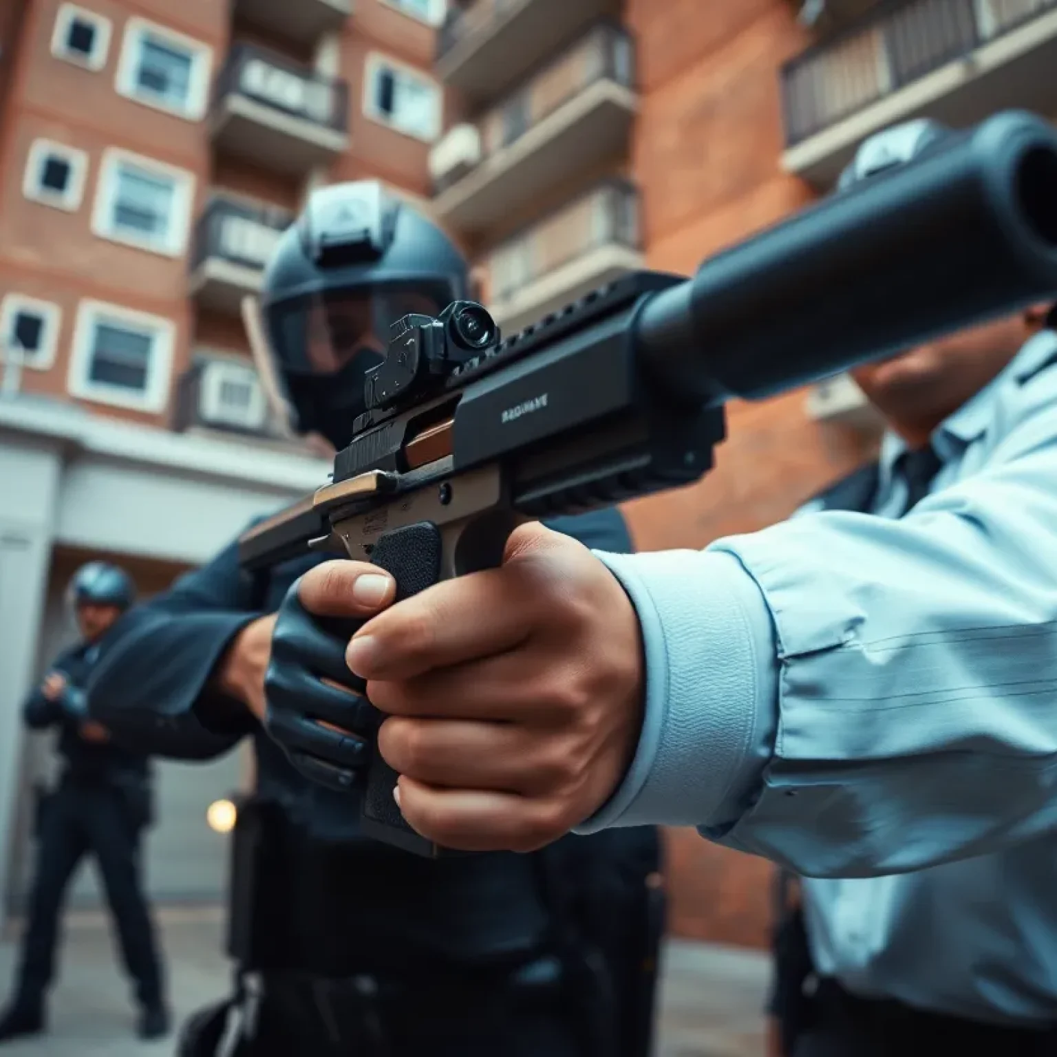Police officers responding to a call at an apartment complex