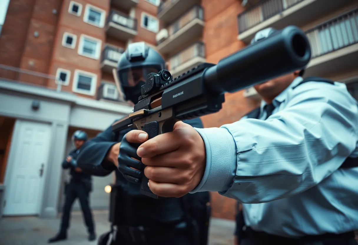 Police officers responding to a call at an apartment complex