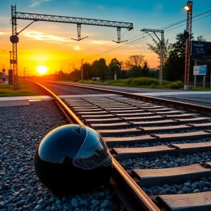 Empty railway crossing with a motorcycle helmet on the ground