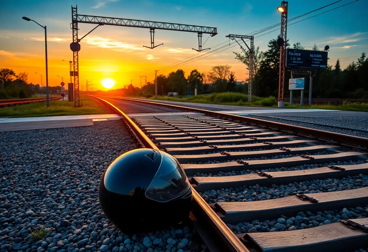 Empty railway crossing with a motorcycle helmet on the ground