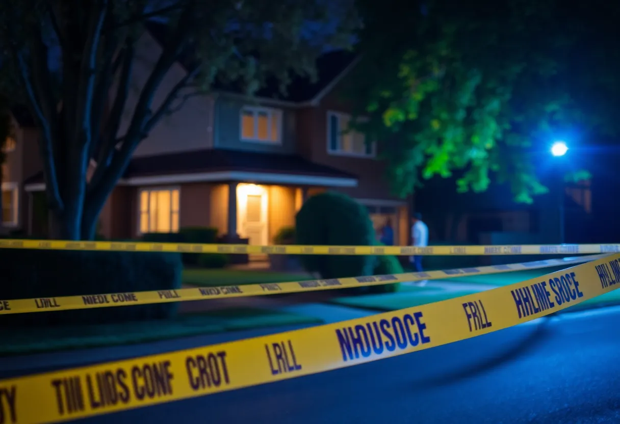 Police tape in front of a house indicating a crime scene investigation