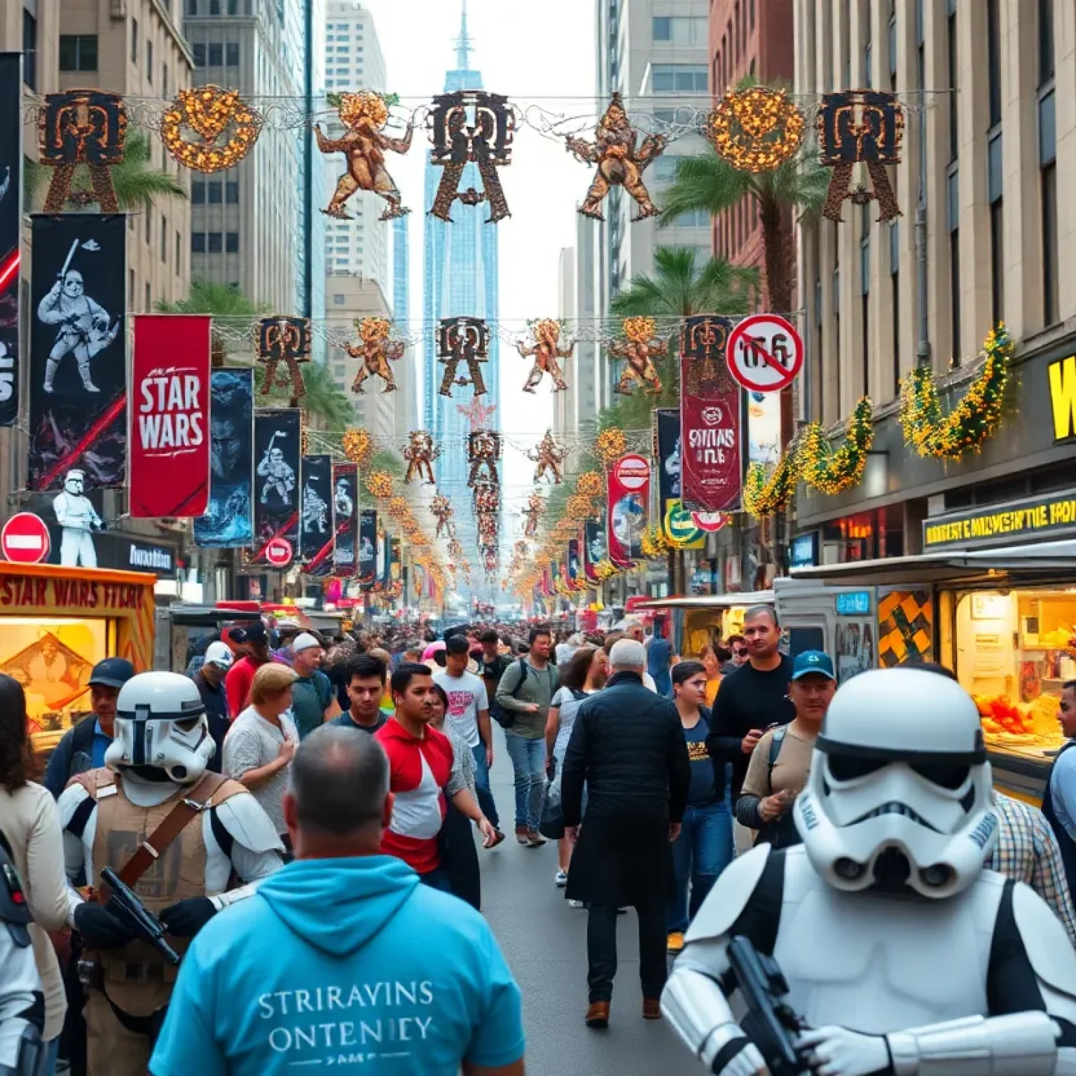Crowd celebrating Star Wars Day in Orlando with themed decorations and activities.
