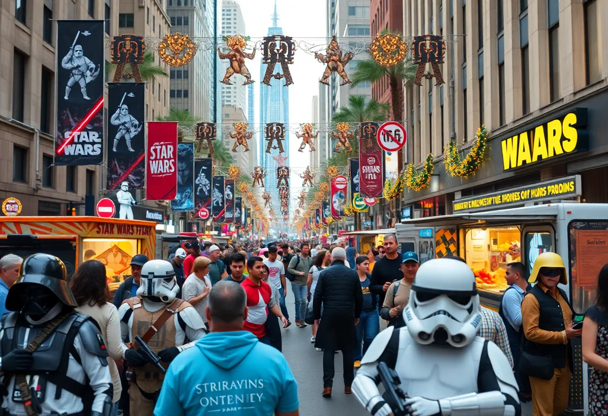 Crowd celebrating Star Wars Day in Orlando with themed decorations and activities.