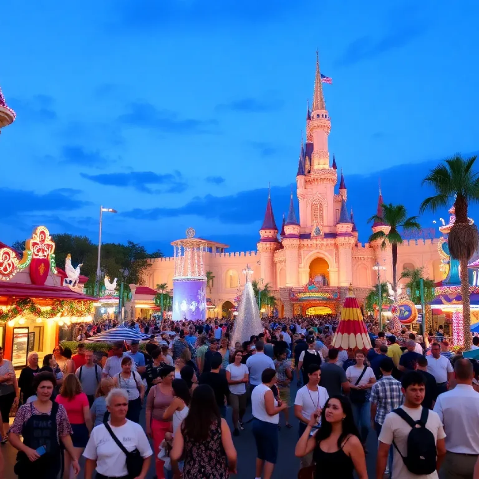 Busy theme park in Orlando with visitors enjoying attractions