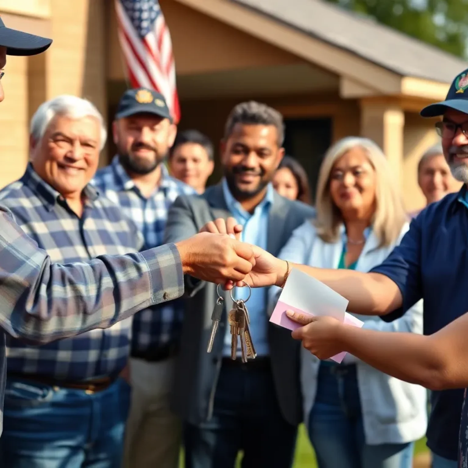 Diverse group of veterans celebrating as they receive keys to new homes