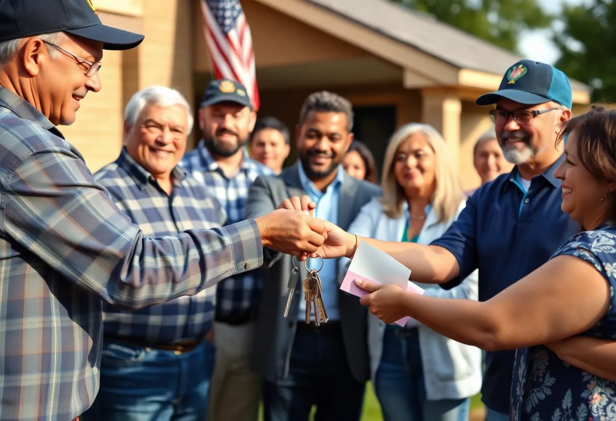 Diverse group of veterans celebrating as they receive keys to new homes