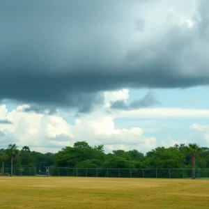 Cloudy sky over dry lawns in Orlando, Florida