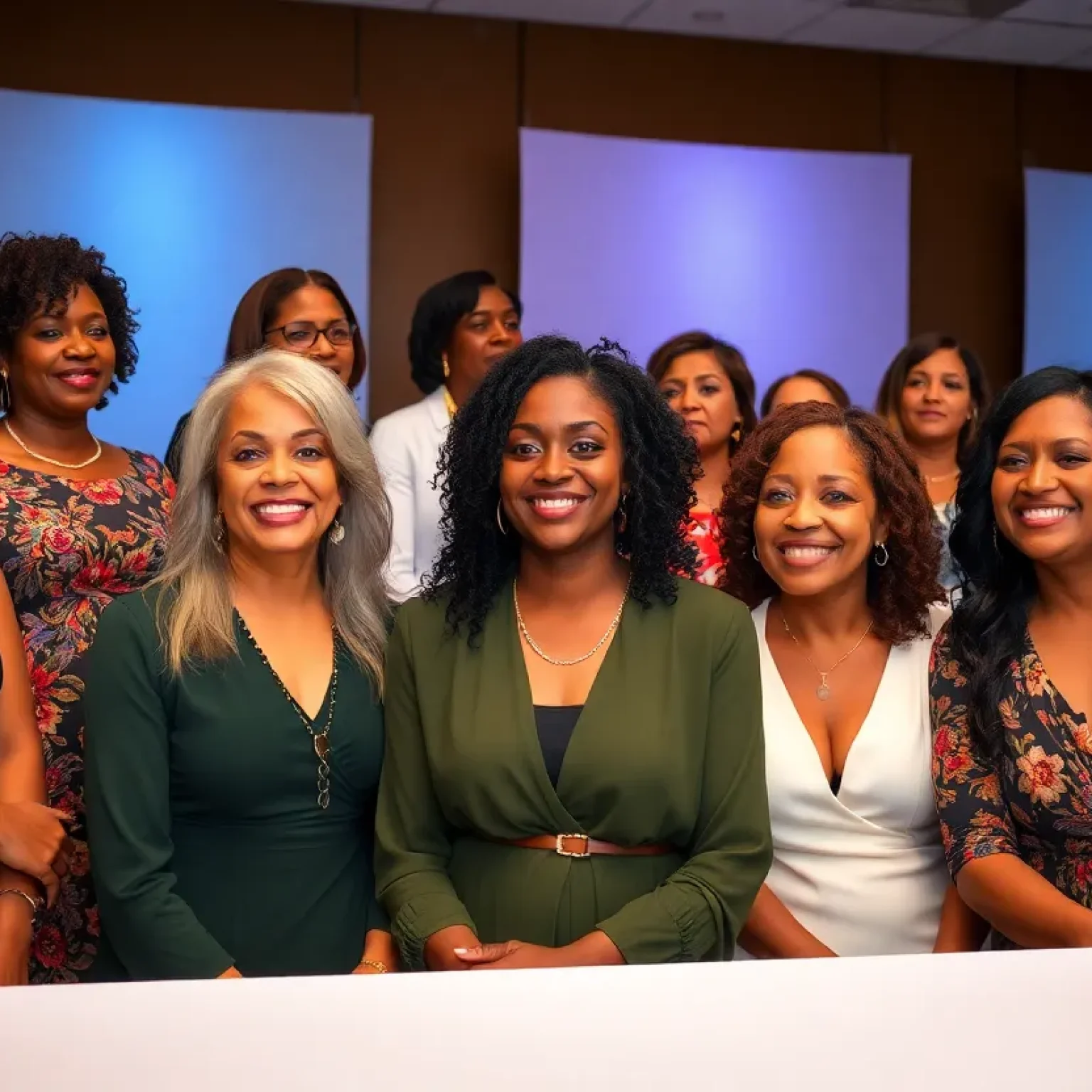 A group of diverse women standing together with awards, symbolizing leadership and empowerment in Orlando.