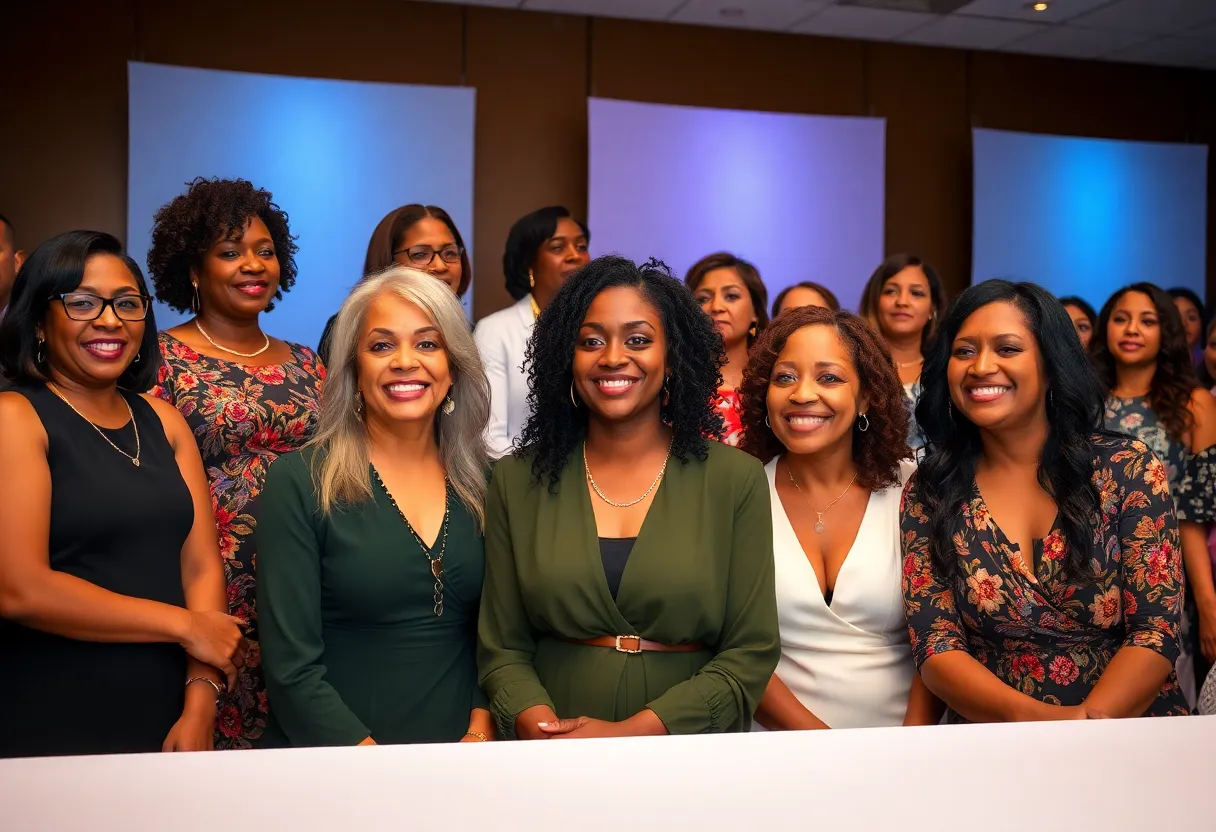 A group of diverse women standing together with awards, symbolizing leadership and empowerment in Orlando.