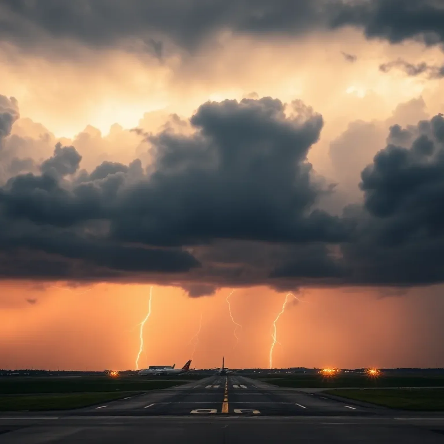 Storm clouds over Orlando International Airport runway