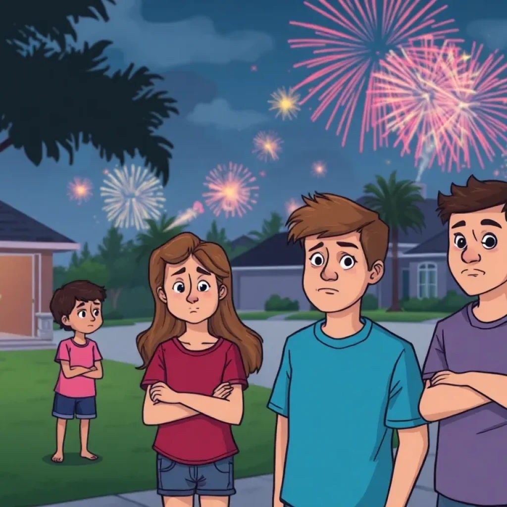 Residents looking uneasy in a neighborhood experiencing firework disturbances in Orlando.
