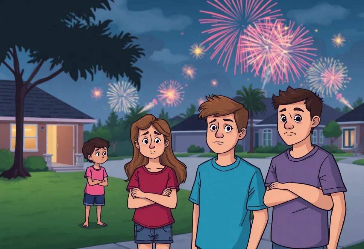 Residents looking uneasy in a neighborhood experiencing firework disturbances in Orlando.