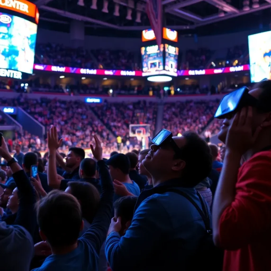 Fans enjoying a basketball game at the Kia Center with technology enhancements