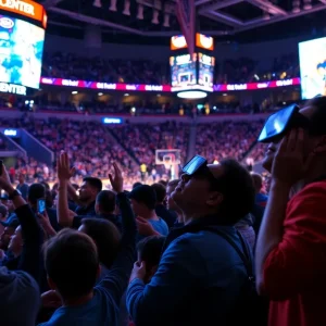 Fans enjoying a basketball game at the Kia Center with technology enhancements