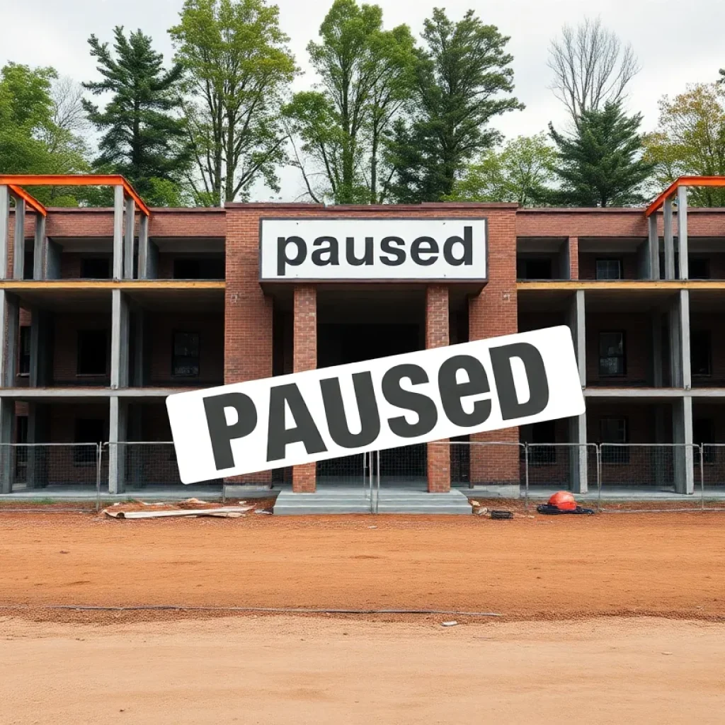 A halted school construction site with a sign indicating pause