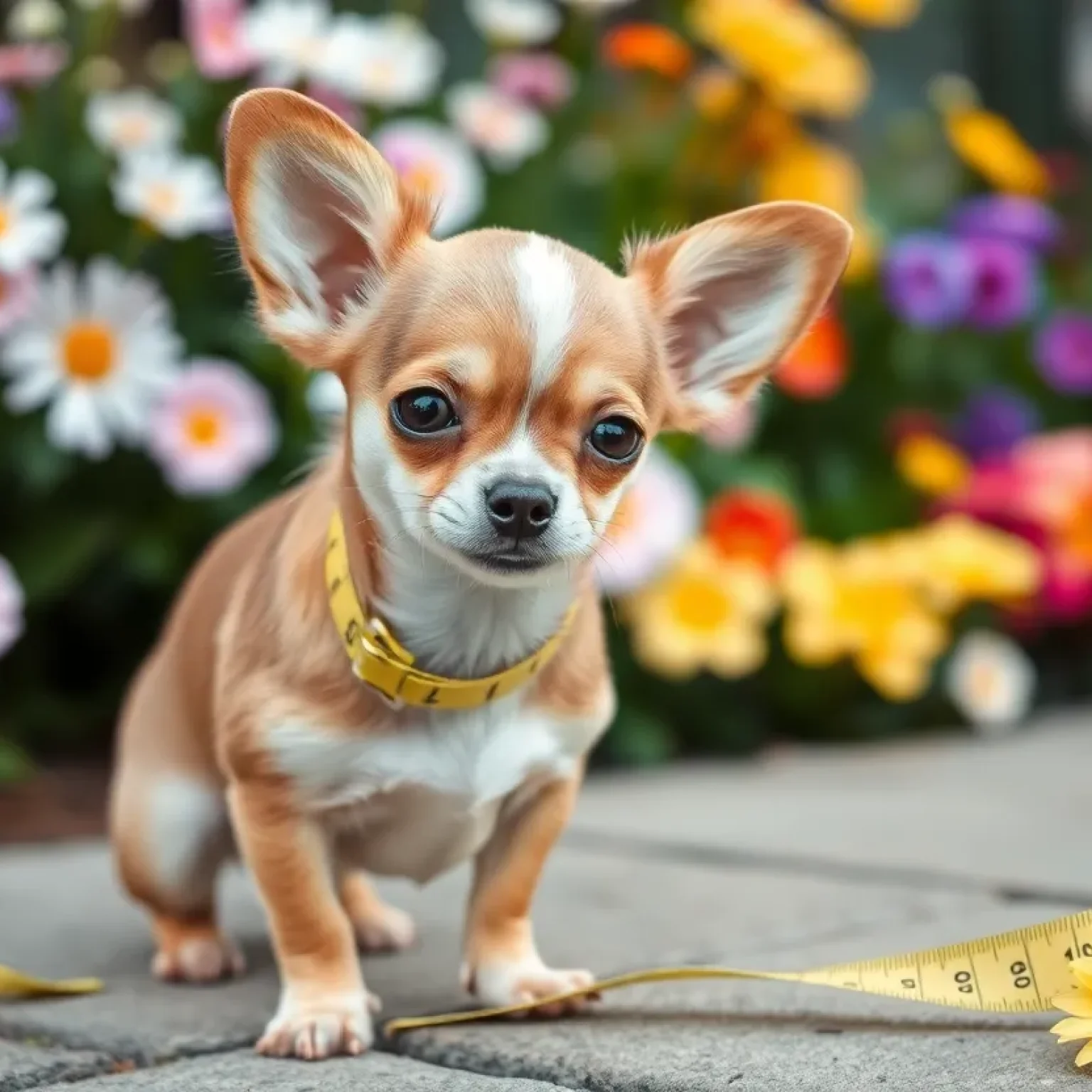 Pearl, the world's shortest dog, standing beside a measuring tape.