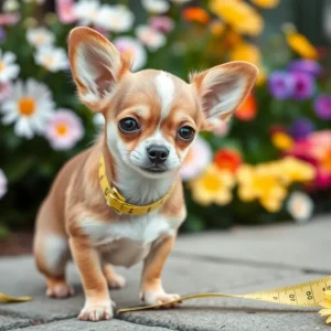 Pearl, the world's shortest dog, standing beside a measuring tape.