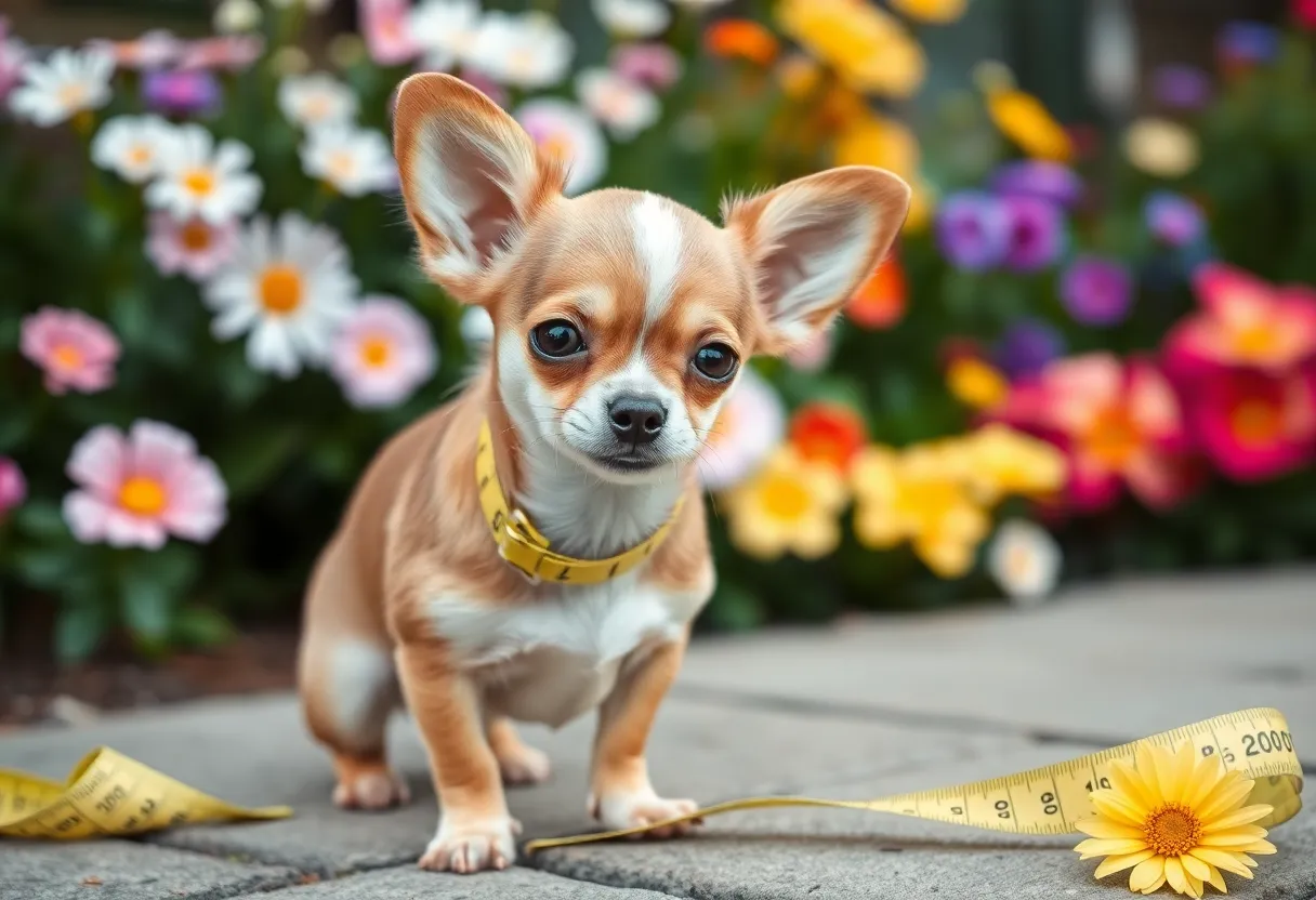 Pearl, the world's shortest dog, standing beside a measuring tape.