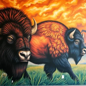 Mural depicting an American bison in a prairie storm
