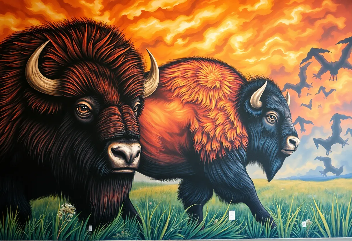 Mural depicting an American bison in a prairie storm
